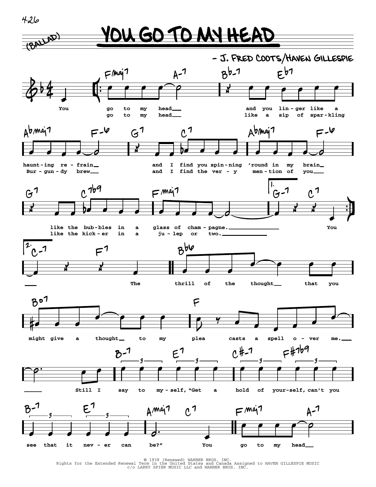 Haven Gillespie and J. Fred Coots You Go To My Head (High Voice) Sheet Music Notes & Chords for Real Book – Melody, Lyrics & Chords - Download or Print PDF