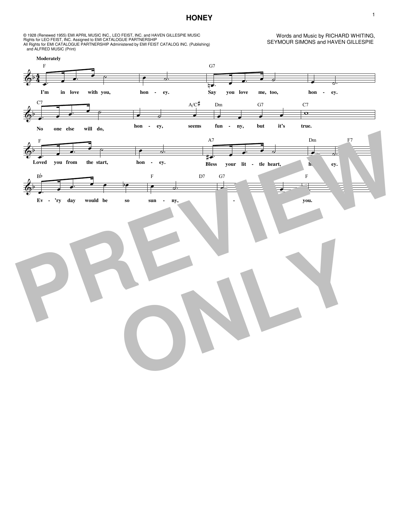 Haven Gillespie Honey Sheet Music Notes & Chords for Melody Line, Lyrics & Chords - Download or Print PDF