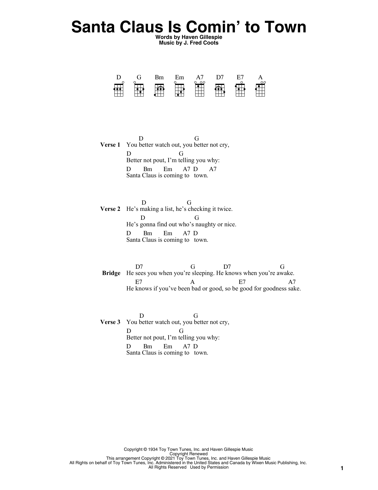 Haven Gillespie Santa Claus Is Comin' To Town (arr. Fred Sokolow) Sheet Music Notes & Chords for Ukulele - Download or Print PDF