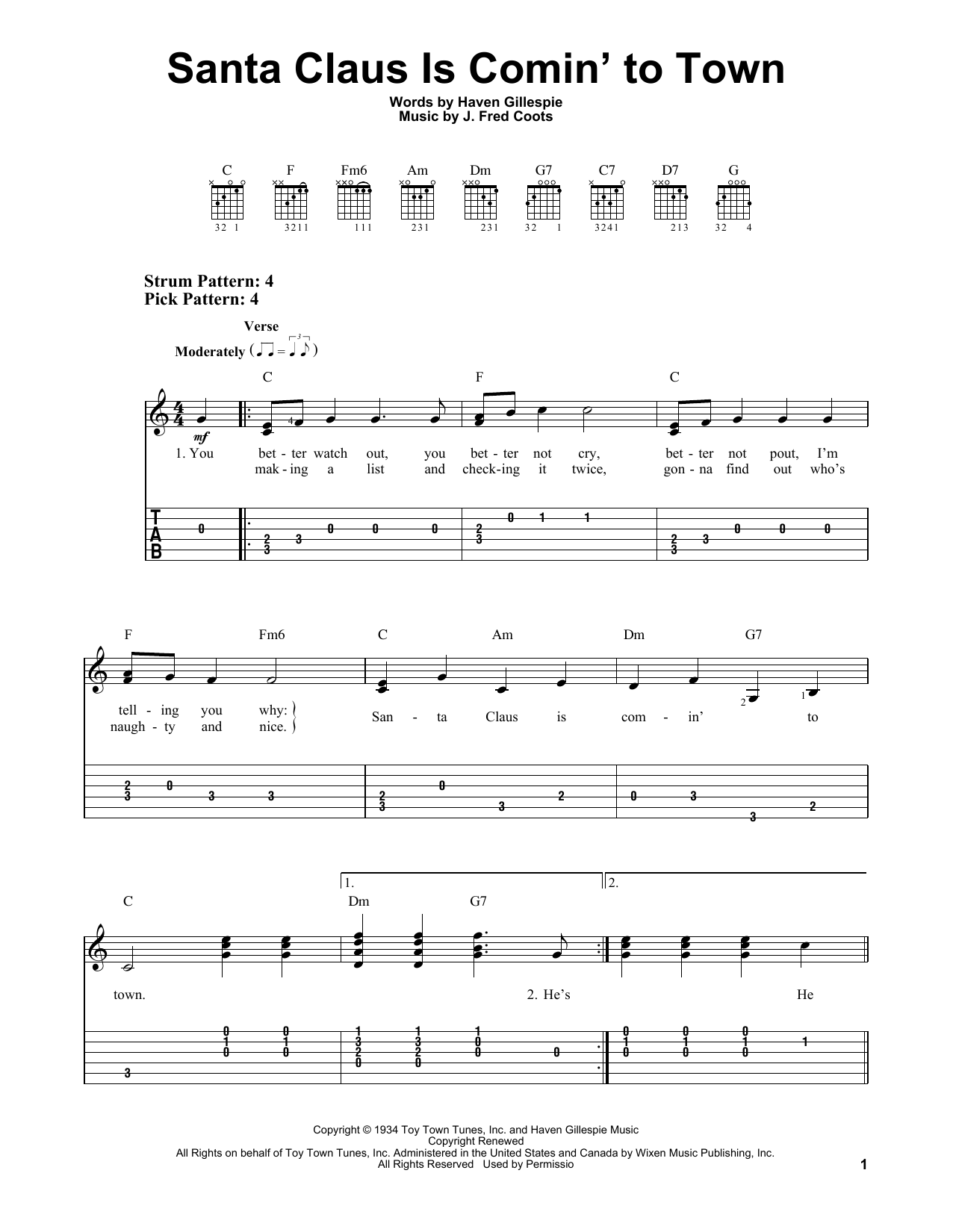 Haven Gillespie Santa Claus Is Comin' To Town Sheet Music Notes & Chords for Easy Guitar Tab - Download or Print PDF