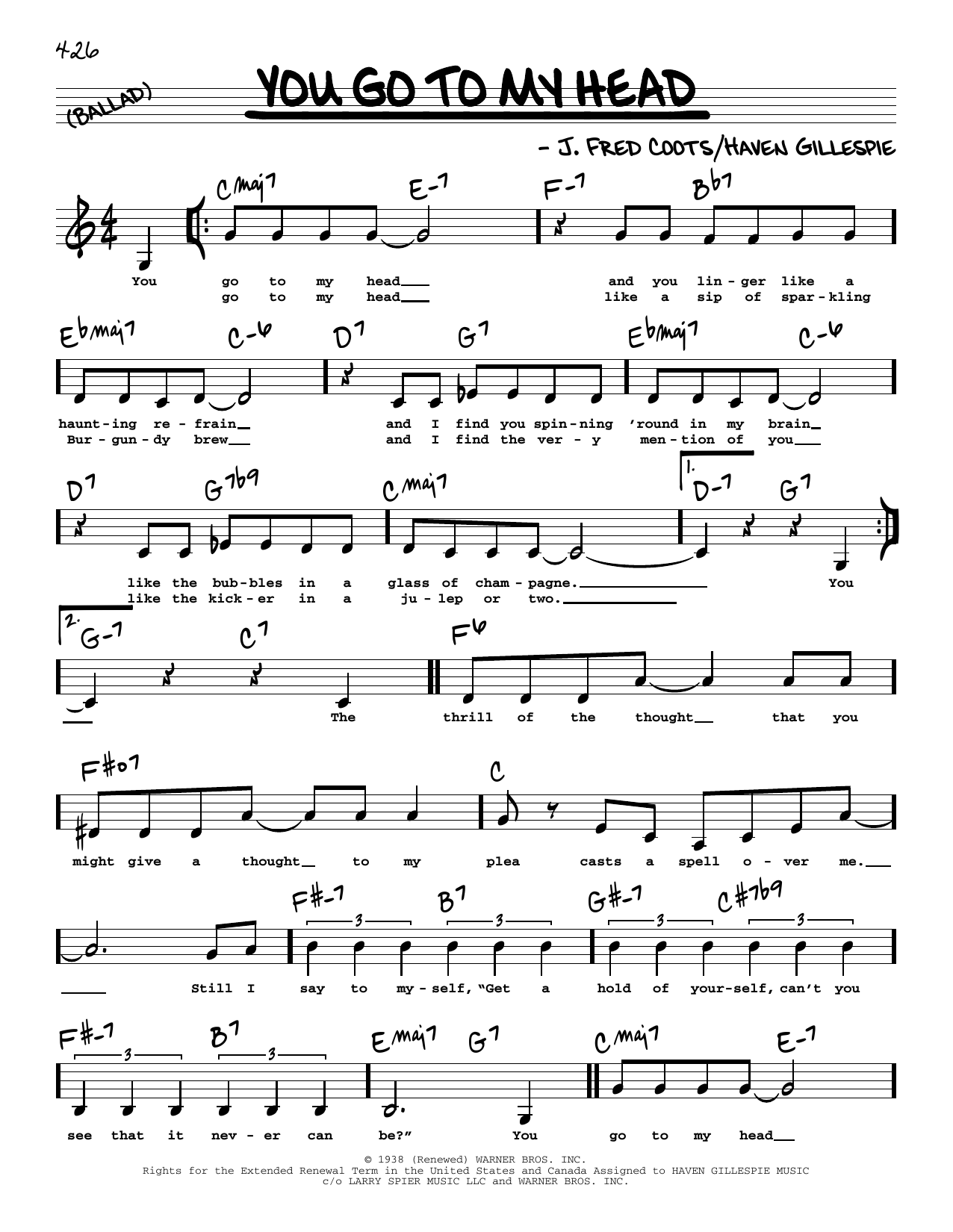 Haven Gillespie You Go To My Head (Low Voice) Sheet Music Notes & Chords for Real Book – Melody, Lyrics & Chords - Download or Print PDF