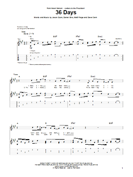 Hawk Nelson 36 Days Sheet Music Notes & Chords for Guitar Tab - Download or Print PDF