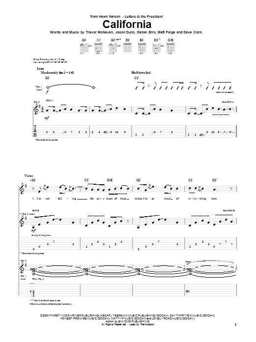 Hawk Nelson California Sheet Music Notes & Chords for Guitar Tab - Download or Print PDF