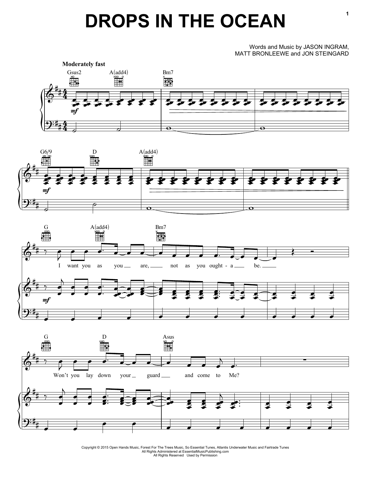 Hawk Nelson Drops In The Ocean Sheet Music Notes & Chords for Piano, Vocal & Guitar (Right-Hand Melody) - Download or Print PDF