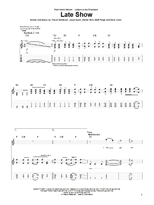 Hawk Nelson Late Show Sheet Music Notes & Chords for Guitar Tab - Download or Print PDF