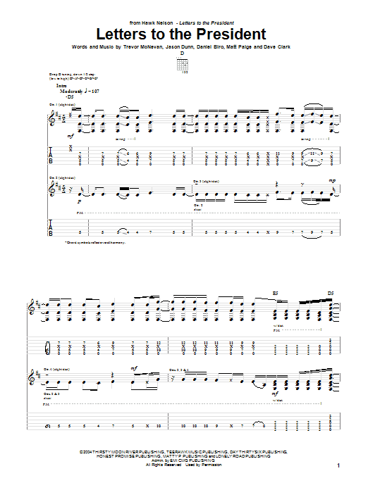 Hawk Nelson Letters To The President Sheet Music Notes & Chords for Guitar Tab - Download or Print PDF