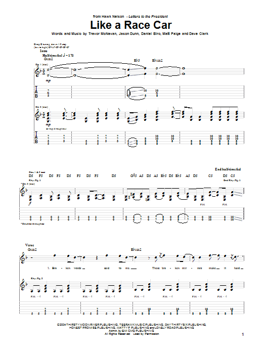 Hawk Nelson Like A Race Car Sheet Music Notes & Chords for Guitar Tab - Download or Print PDF