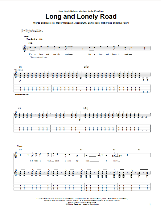 Hawk Nelson Long And Lonely Road Sheet Music Notes & Chords for Guitar Tab - Download or Print PDF