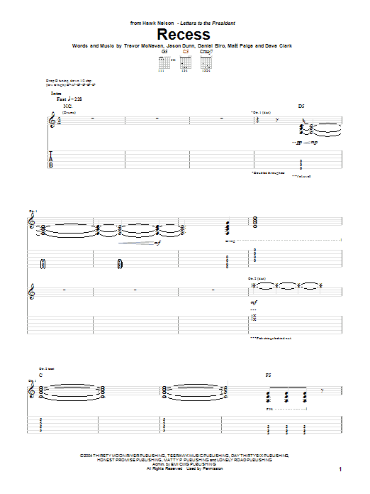 Hawk Nelson Recess Sheet Music Notes & Chords for Guitar Tab - Download or Print PDF