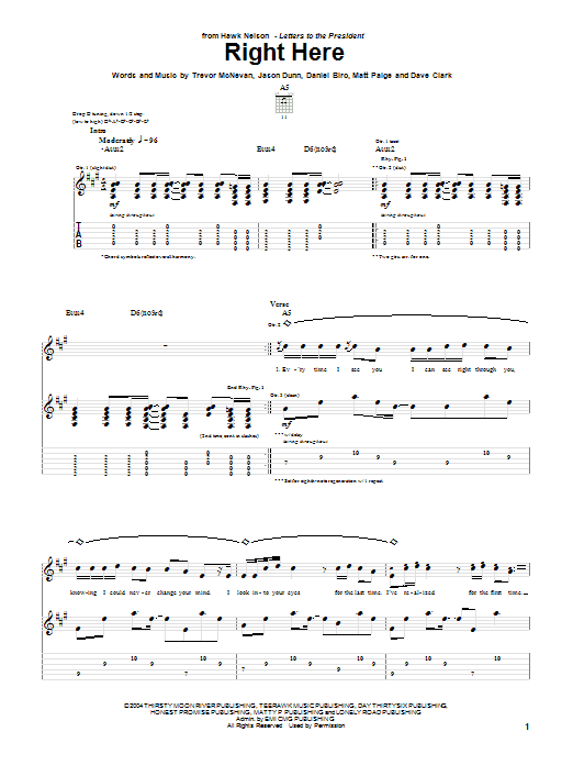 Hawk Nelson Right Here Sheet Music Notes & Chords for Guitar Tab - Download or Print PDF
