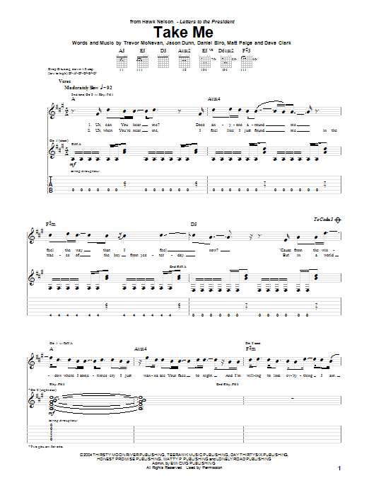 Hawk Nelson Take Me Sheet Music Notes & Chords for Guitar Tab - Download or Print PDF