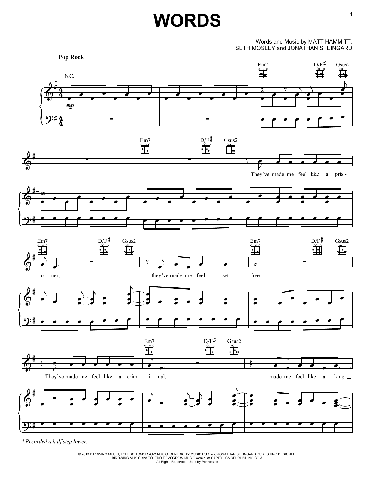 Hawk Nelson Words Sheet Music Notes & Chords for Piano, Vocal & Guitar (Right-Hand Melody) - Download or Print PDF