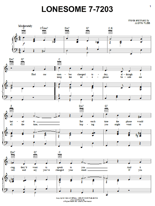 Hawkshaw Hawkins Lonesome 7-7203 Sheet Music Notes & Chords for Piano, Vocal & Guitar (Right-Hand Melody) - Download or Print PDF
