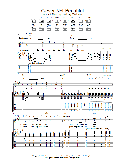 Hawksley Workman Clever Not Beautiful Sheet Music Notes & Chords for Guitar Tab - Download or Print PDF