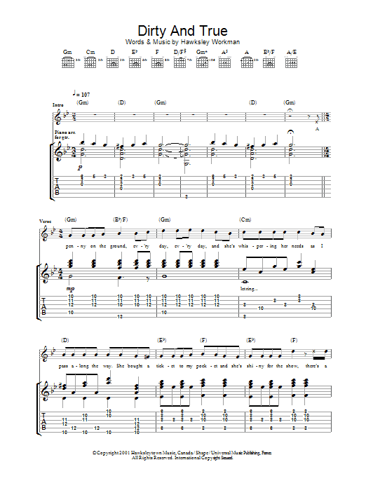 Hawksley Workman Dirty And True Sheet Music Notes & Chords for Guitar Tab - Download or Print PDF Hawksley Workman Dirty And True Sheet Music Notes & Chords for Guitar Tab - Download or Print PDF