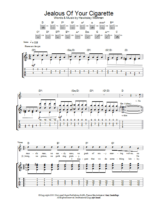 Hawksley Workman Jealous Of Your Cigarette Sheet Music Notes & Chords for Guitar Tab - Download or Print PDF