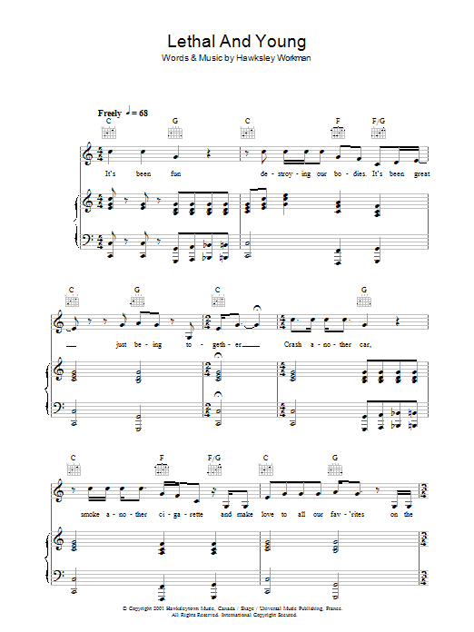 Hawksley Workman Lethal And Young Sheet Music Notes & Chords for Piano, Vocal & Guitar - Download or Print PDF