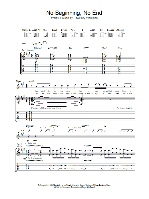 Hawksley Workman No Beginning No End Sheet Music Notes & Chords for Guitar Tab - Download or Print PDF