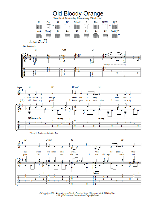 Hawksley Workman Old Bloody Orange Sheet Music Notes & Chords for Guitar Tab - Download or Print PDF