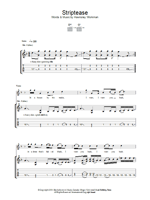 Hawksley Workman Striptease Sheet Music Notes & Chords for Guitar Tab - Download or Print PDF