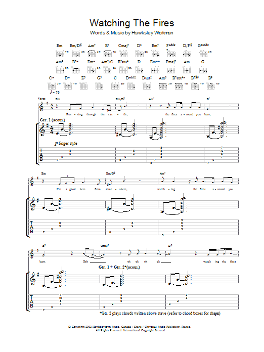 Hawksley Workman Watching The Fires Sheet Music Notes & Chords for Guitar Tab - Download or Print PDF