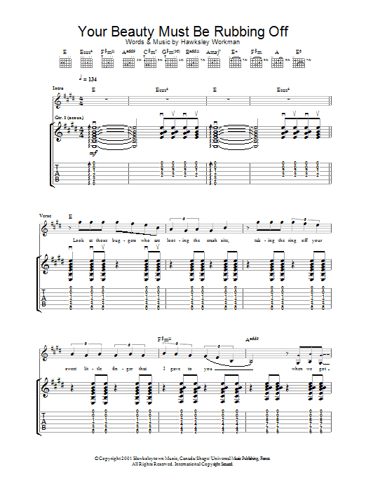 Hawksley Workman Your Beauty Must Be Rubbing Off Sheet Music Notes & Chords for Guitar Tab - Download or Print PDF