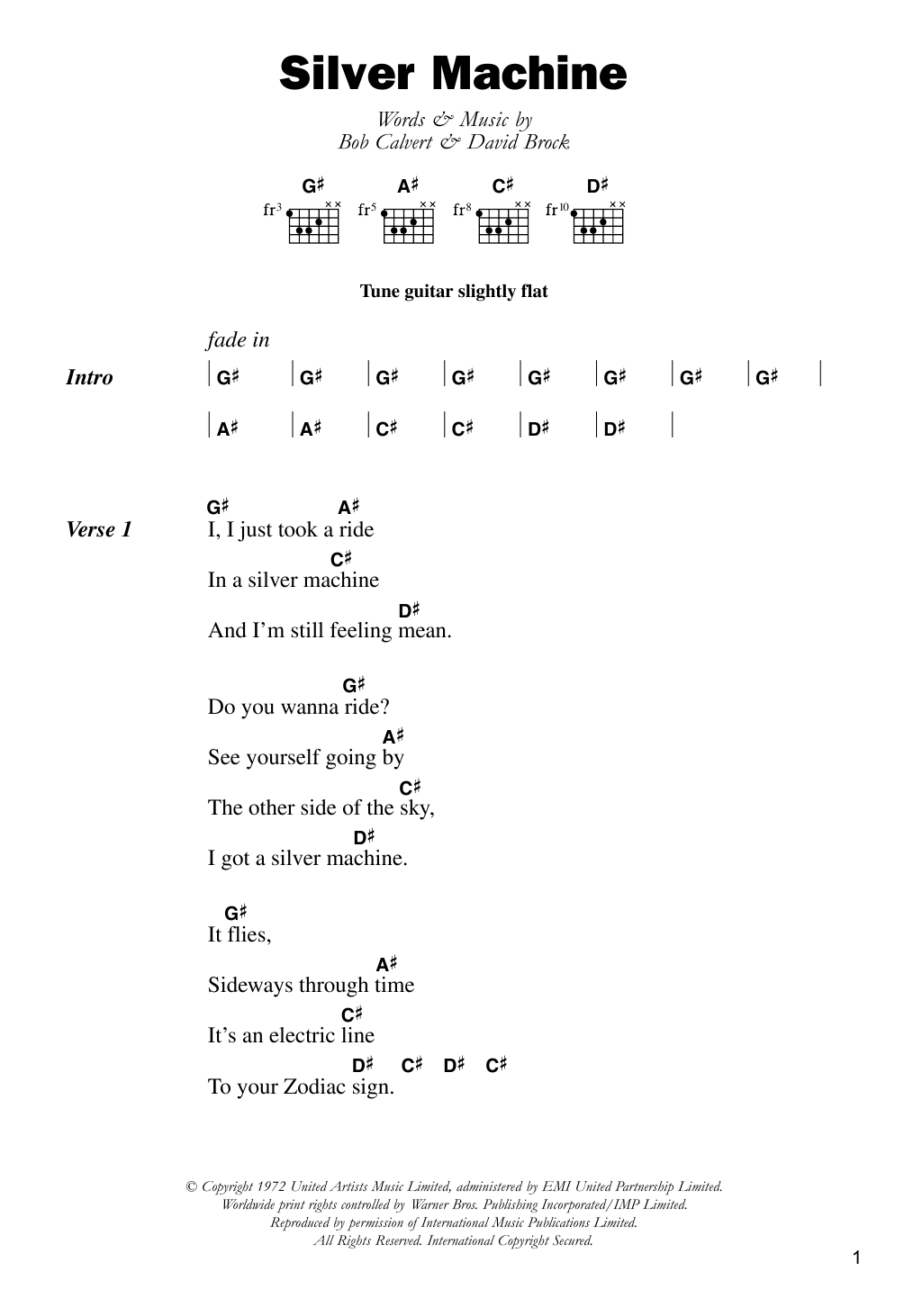 Hawkwind Silver Machine Sheet Music Notes & Chords for Lyrics & Chords - Download or Print PDF