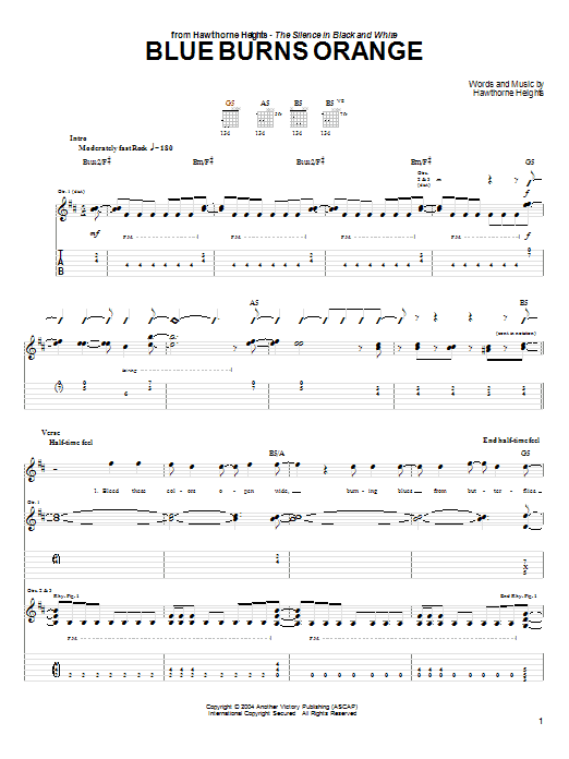 Hawthorne Heights Blue Burns Orange Sheet Music Notes & Chords for Guitar Tab - Download or Print PDF