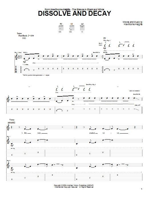 Hawthorne Heights Dissolve And Decay Sheet Music Notes & Chords for Guitar Tab - Download or Print PDF
