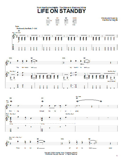 Hawthorne Heights Life On Standby Sheet Music Notes & Chords for Guitar Tab - Download or Print PDF