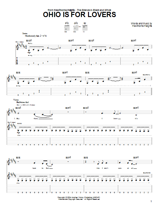 Hawthorne Heights Ohio Is For Lovers Sheet Music Notes & Chords for Guitar Tab - Download or Print PDF