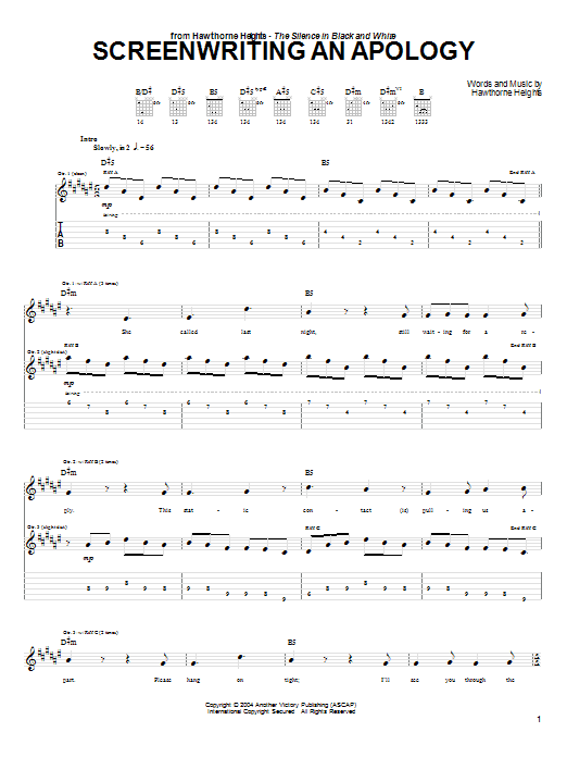 Hawthorne Heights Screenwriting An Apology Sheet Music Notes & Chords for Guitar Tab - Download or Print PDF