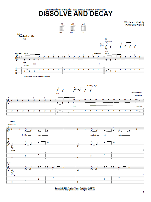 Preview Hawthorne Heights Dissolve And Decay Rock sheet music, notes and chords for Guitar Tab, SKU: 65418 Dissolve And Decay sheet music