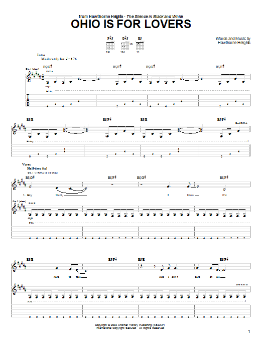 Preview Hawthorne Heights Ohio Is For Lovers Rock sheet music, notes and chords for Guitar Tab, SKU: 65421 Ohio Is For Lovers sheet music
