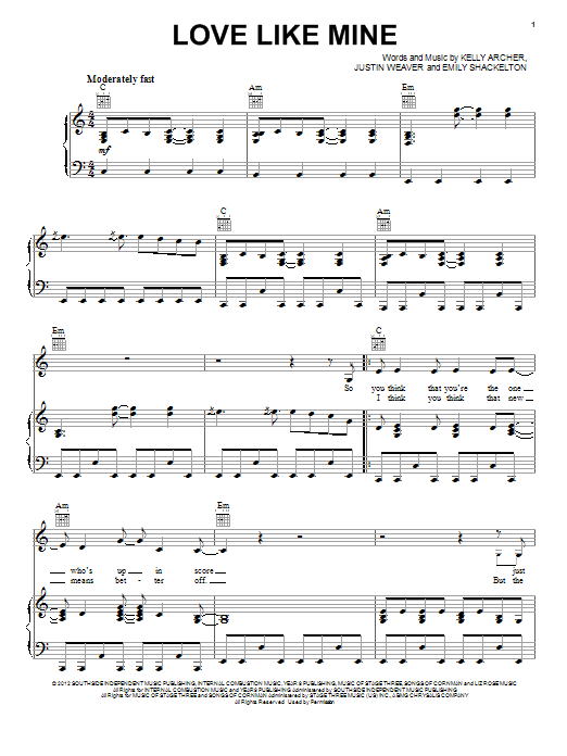 Hayden Panettiere Love Like Mine Sheet Music Notes & Chords for Piano, Vocal & Guitar (Right-Hand Melody) - Download or Print PDF