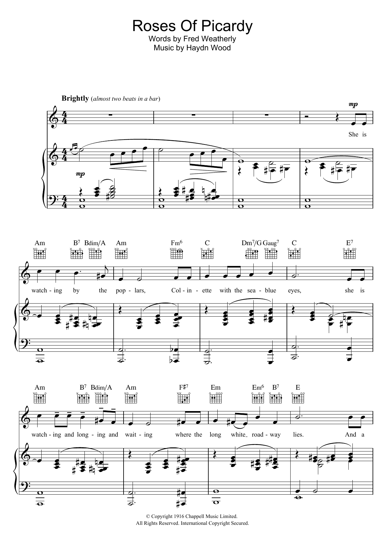 Haydn Wood Roses Of Picardy Sheet Music Notes & Chords for Piano, Vocal & Guitar (Right-Hand Melody) - Download or Print PDF