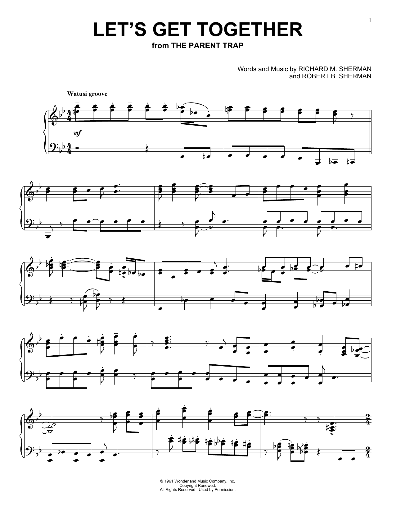 Hayley Mills Let's Get Together (from The Parent Trap) Sheet Music Notes & Chords for Piano Solo - Download or Print PDF