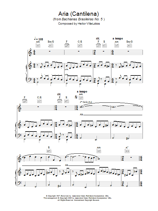 Hayley Westenra Aria (Cantilena) from Bachianas Brasileiras No. 5 Sheet Music Notes & Chords for Piano & Vocal - Download or Print PDF