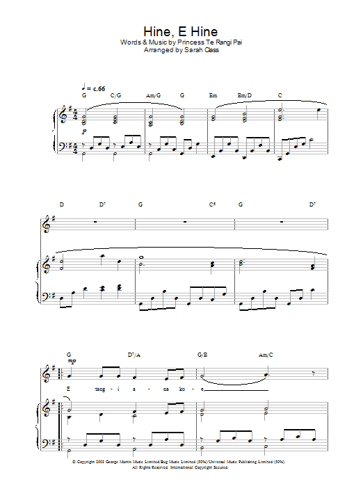 Hayley Westenra Hine, E Hine Sheet Music Notes & Chords for Piano, Vocal & Guitar - Download or Print PDF