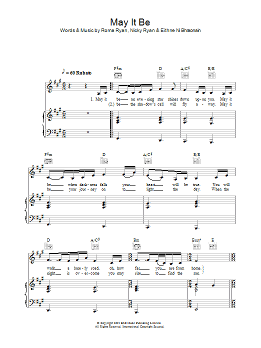 Hayley Westenra May It Be Sheet Music Notes & Chords for Piano, Vocal & Guitar - Download or Print PDF