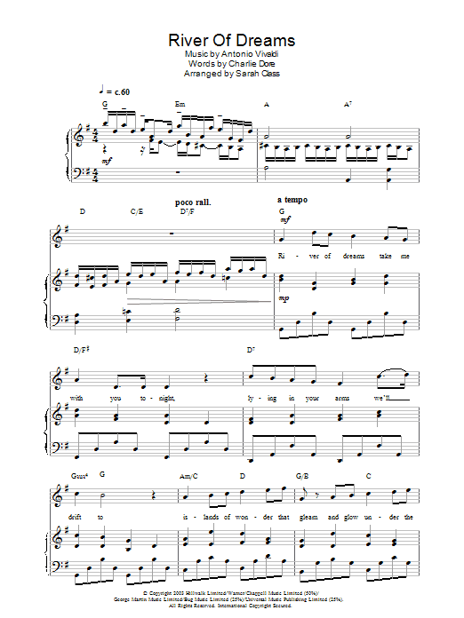 Hayley Westenra River Of Dreams Sheet Music Notes & Chords for Piano, Vocal & Guitar - Download or Print PDF
