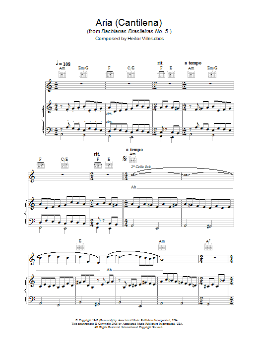Preview Hayley Westenra Aria (Cantilena) from Bachianas Brasileiras No. 5 Classical sheet music, notes and chords for Piano & Vocal, SKU: 34086 Aria (Cantilena) from Bachianas Brasileiras No. 5 sheet music