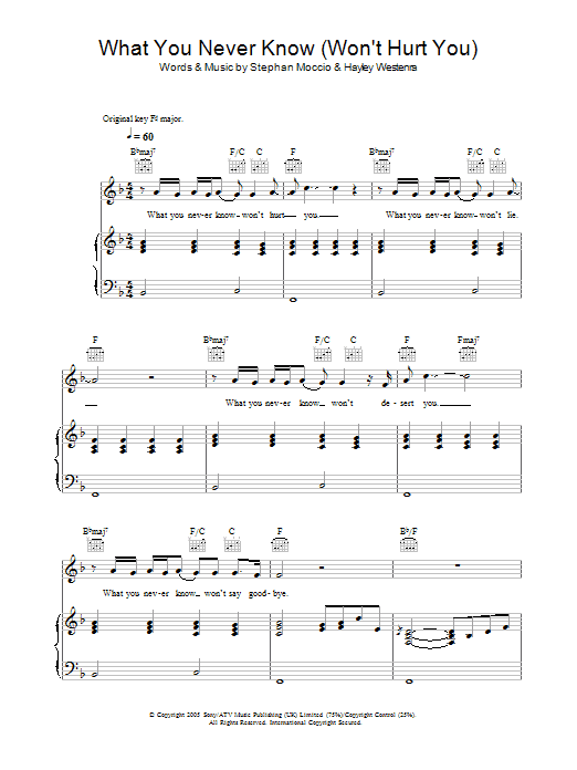 Preview Hayley Westenra What You Never Know (Won't Hurt You) Pop sheet music, notes and chords for Piano, Vocal & Guitar, SKU: 34097 What You Never Know (Won't Hurt You) sheet music