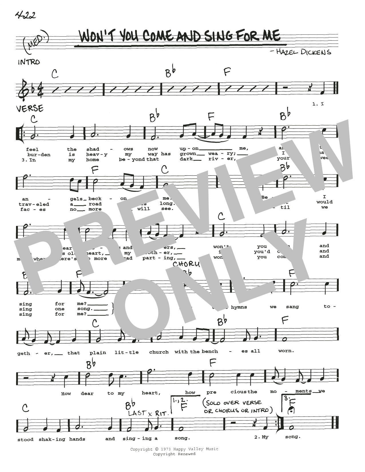 Hazel Dickens Won't You Come And Sing For Me Sheet Music Notes & Chords for Real Book – Melody, Lyrics & Chords - Download or Print PDF