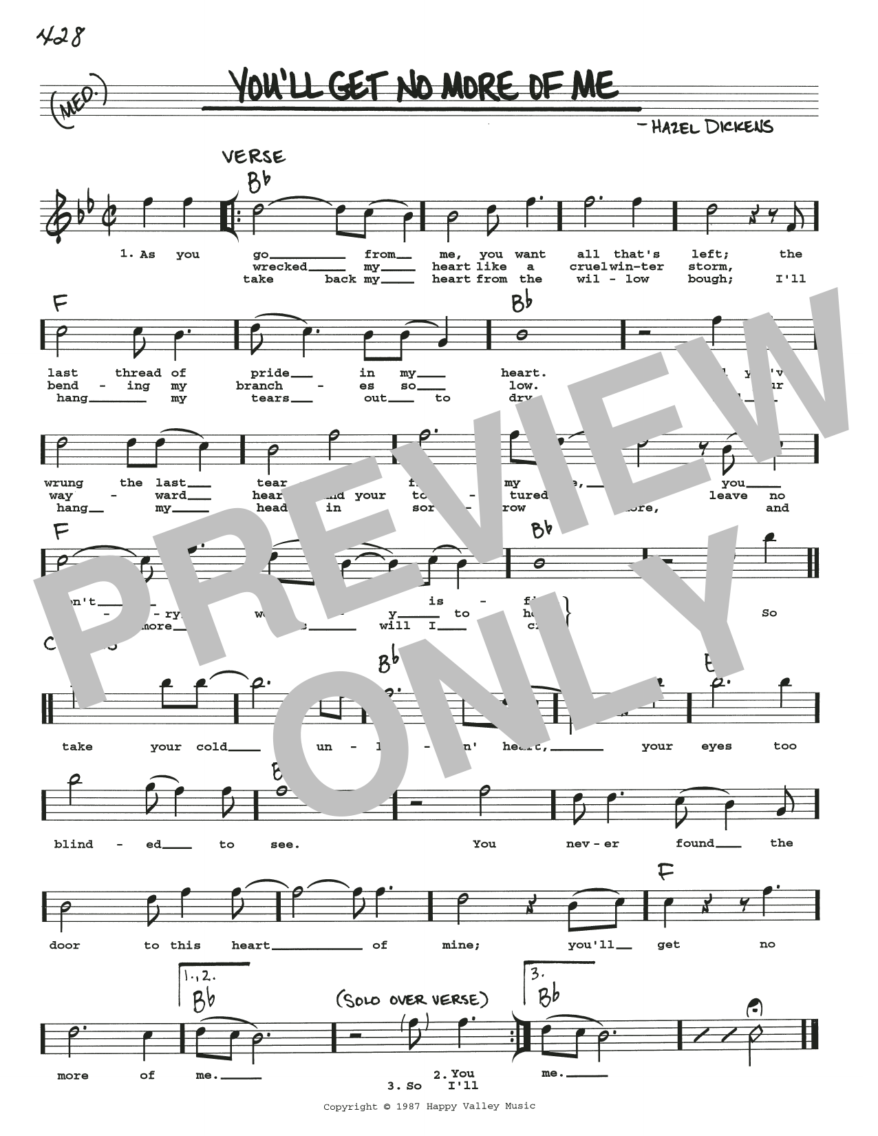 Hazel Dickens You'll Get No More Of Me Sheet Music Notes & Chords for Real Book – Melody, Lyrics & Chords - Download or Print PDF