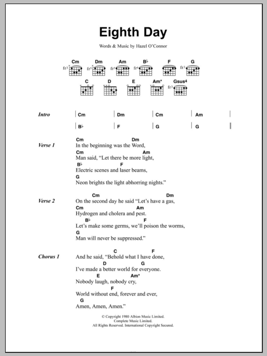 Hazel O'Connor Eighth Day Sheet Music Notes & Chords for Lyrics & Chords - Download or Print PDF