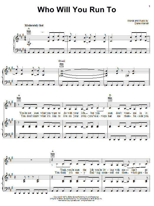 Diane Warren Who Will You Run To Sheet Music Notes & Chords for Piano, Vocal & Guitar (Right-Hand Melody) - Download or Print PDF