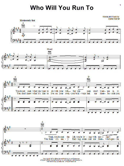 Diane Warren Who Will You Run To sheet music notes and chords. Download Printable PDF.