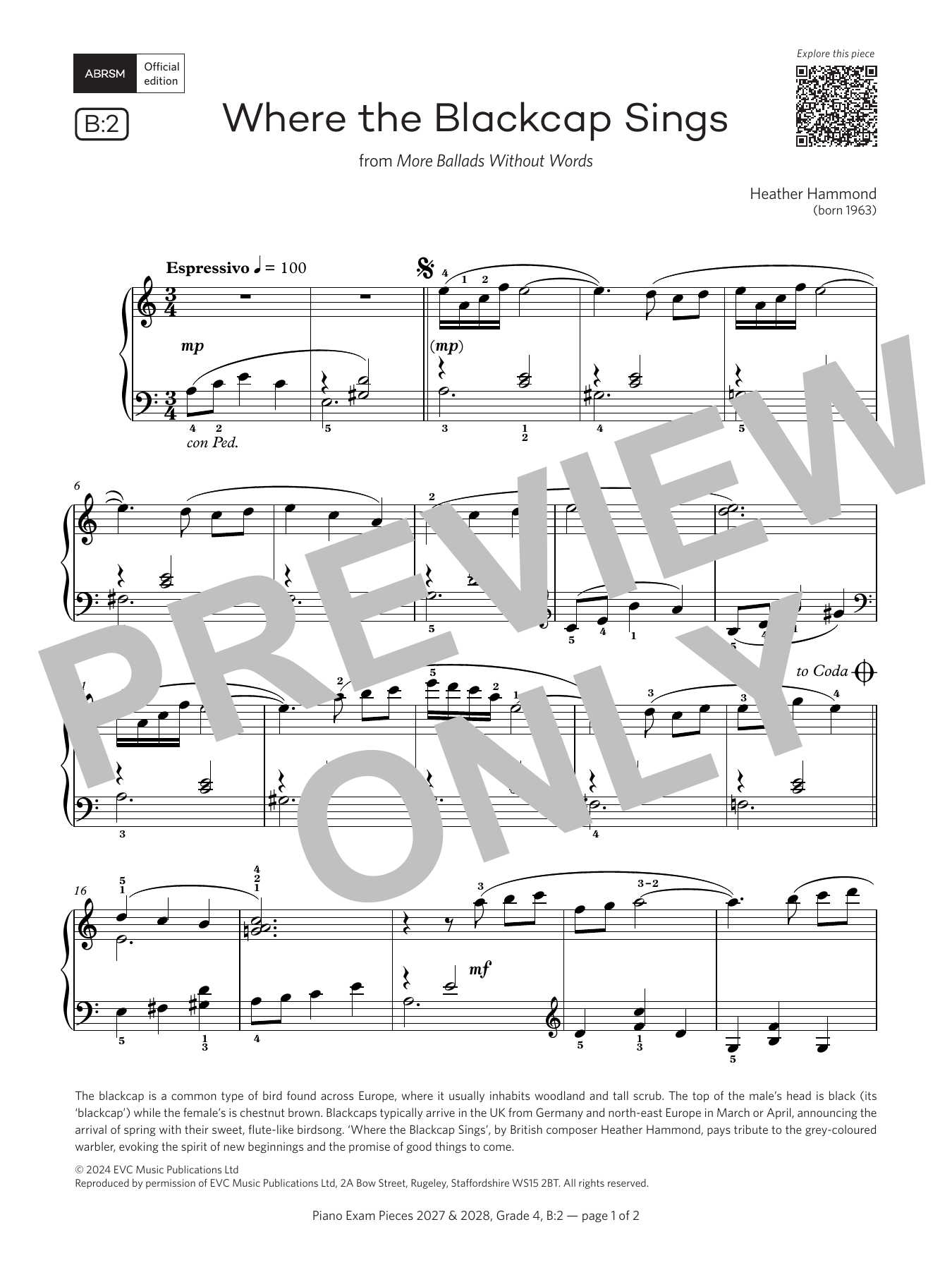 Heather Hammond Where the Blackcap Sings (Grade 4, list B2, from the ABRSM Piano Syllabus 2027 & 2028) Sheet Music Notes & Chords for Piano Solo - Download or Print PDF