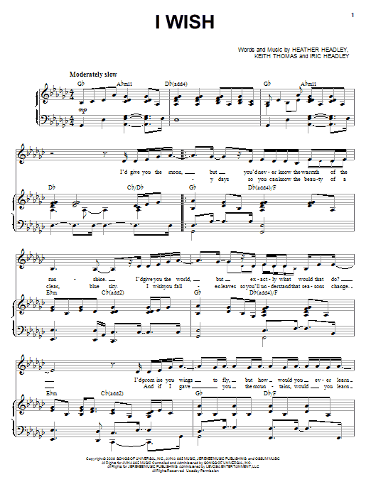 Heather Headley I Wish Sheet Music Notes & Chords for Piano, Vocal & Guitar (Right-Hand Melody) - Download or Print PDF
